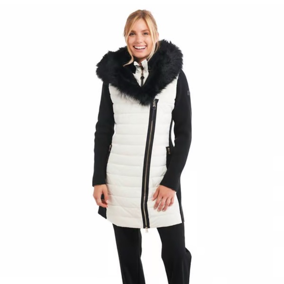Calvin Klein Black and White Puffer Coat with Faux Fur Hood